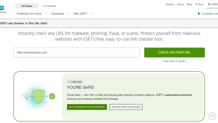 EbooksChoice.com is Safe - ESET Link Checker