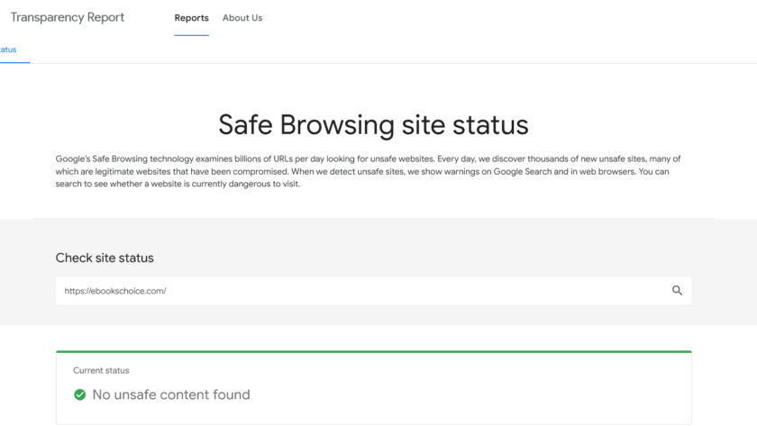 EbooksChoice.com is Safe - Google Safe Browsing Status