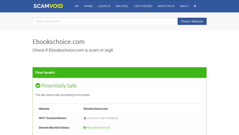 EbooksChoice.com is SAFE and Trusted by Scamvoid