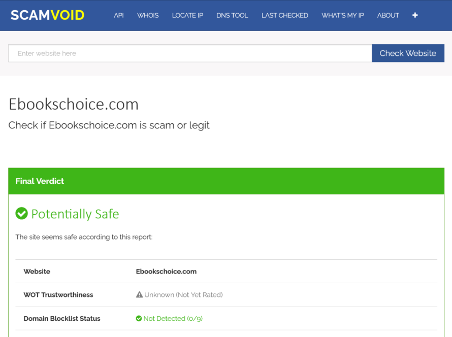 EbooksChoice.com is SAFE and Trusted by Scamvoid